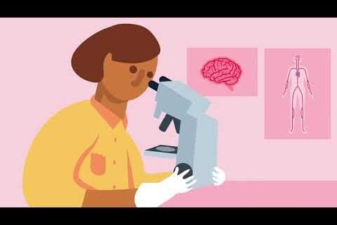 Dementia researcher looking into microscope
