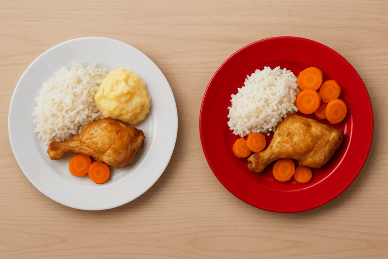 Red plate and white plate with chicken, rice and veggies.