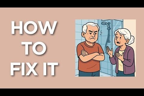 Elder couple standing near shower
