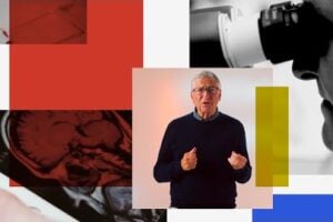 Bill Gates talking about Alzheimer's research, with a brain scan and a man looking into a microscope in the background.