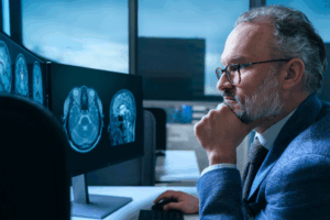 Dr. David Jones reviews brain scans on a computer at Mayo Clinic.