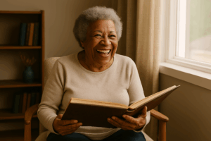 A smiling senior sitting near a window in soft afternoon light, holding a photo album with visible joy. The setting is cozy and timeless—perhaps a bookshelf in the background—evoking memory, dignity, and connection.