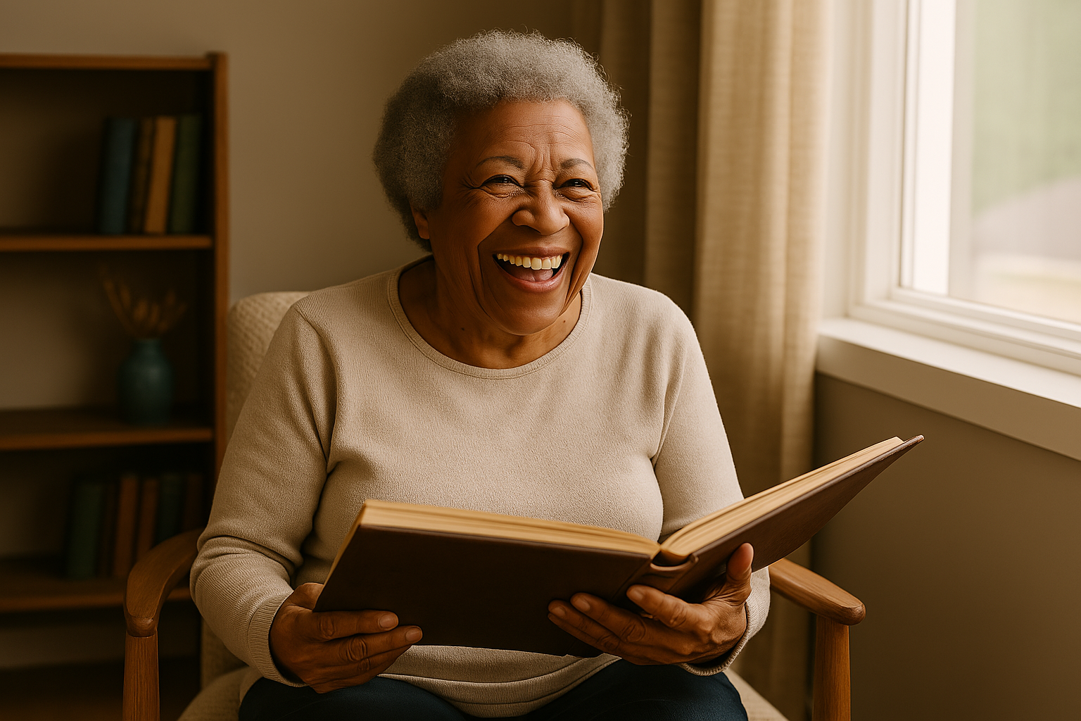 A smiling senior sitting near a window in soft afternoon light, holding a photo album with visible joy. The setting is cozy and timeless—perhaps a bookshelf in the background—evoking memory, dignity, and connection.