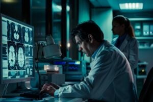 ai generated, doctor, neurologist, laboratory, hospital, research, medical research center, brain, brain research, neurons neurons, skull, brain cells, research, research, research, research, research, brain, brain
