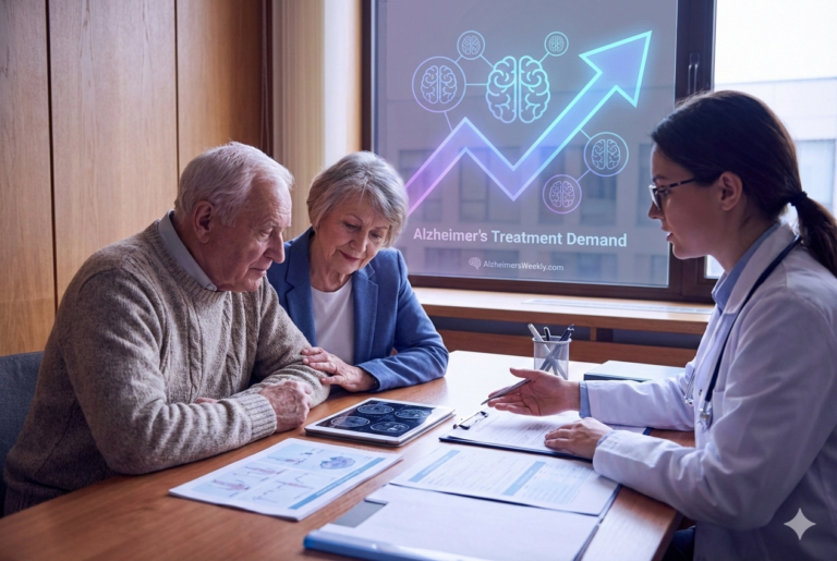 "Alzheimer's Treatment Demand" chart behind patient, caregiver and doctor.