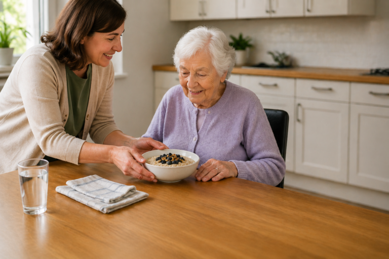 Daughter serving a bowl of oatmeal with berries to a person with dementia