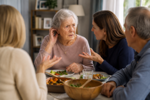 Older mother at family dinner, not hearing well and slightly confused while family speaks