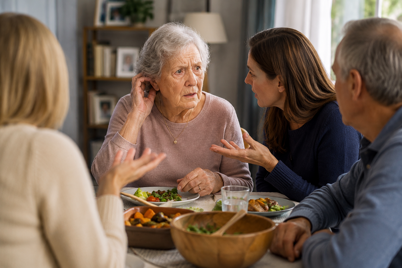 Older mother at family dinner, not hearing well and slightly confused while family speaks