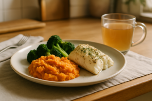 Baked Cod with Sweet Potato and Steamed Broccoli