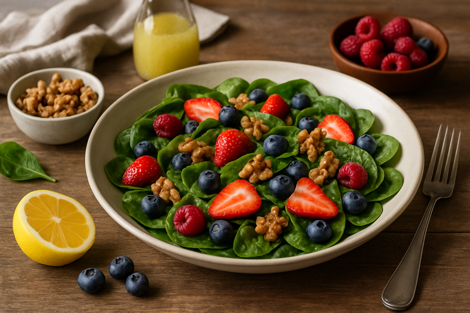 Berry Walnut Spinach Salad with Lemon Vinaigrette