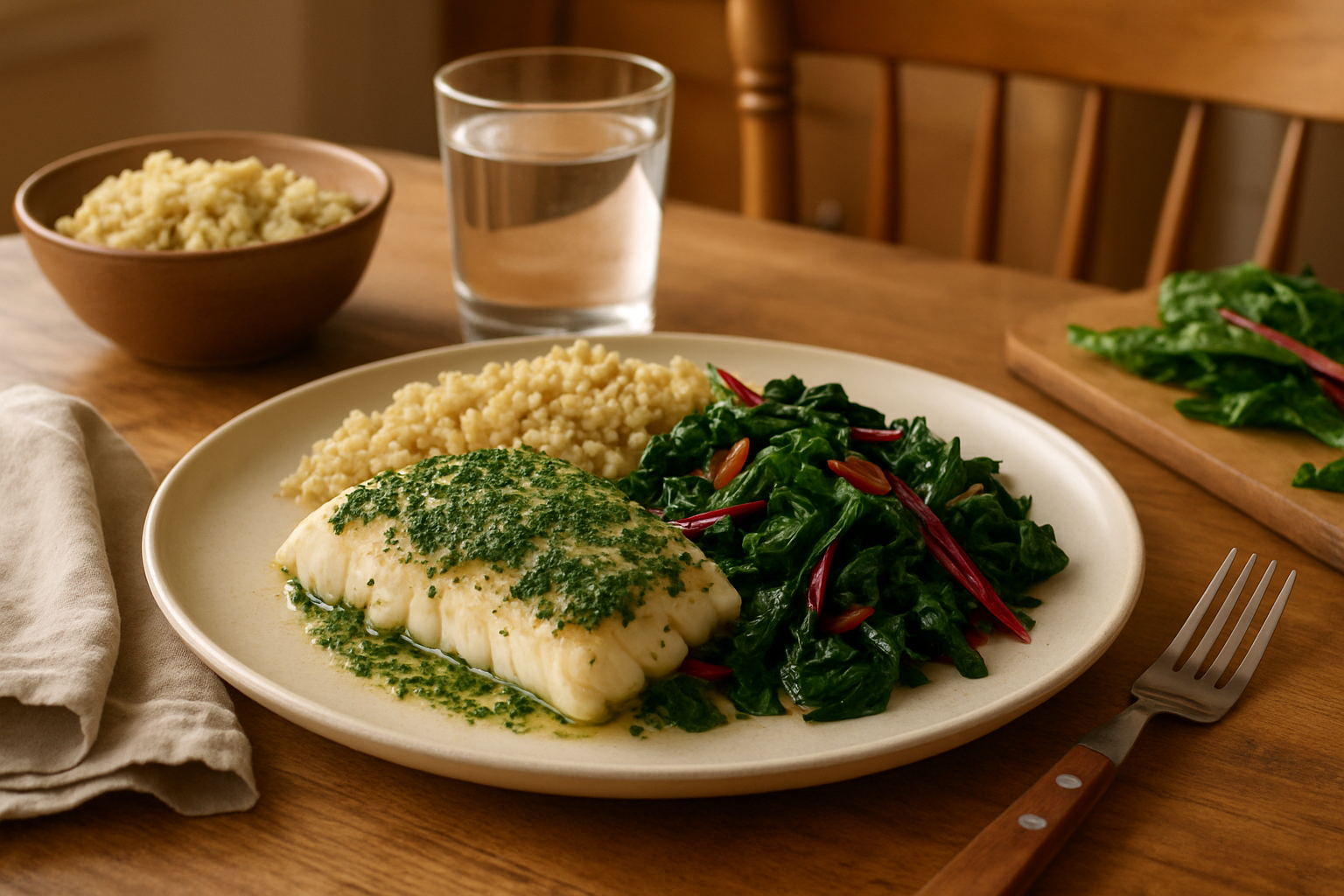 Herbed Cod with Garlicky Swiss Chard and Quinoa