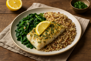 Lemon Herb Cod with Garlic Spinach and Quinoa
