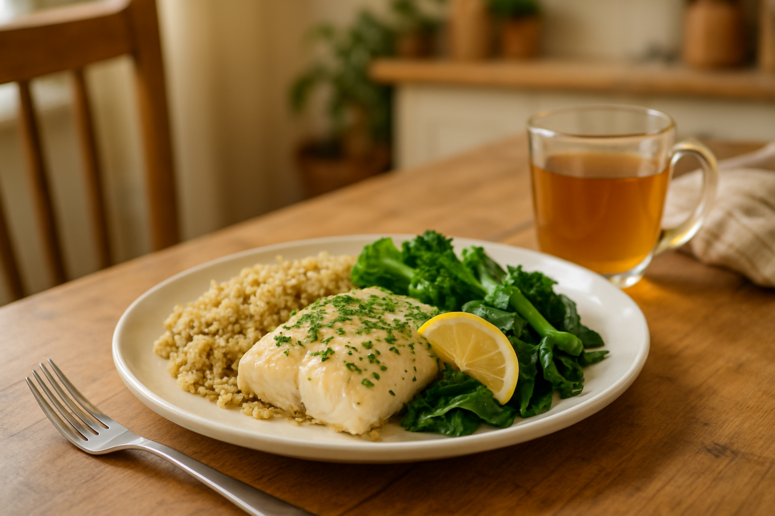 Lemon Herb Cod with Quinoa and Steamed Greens