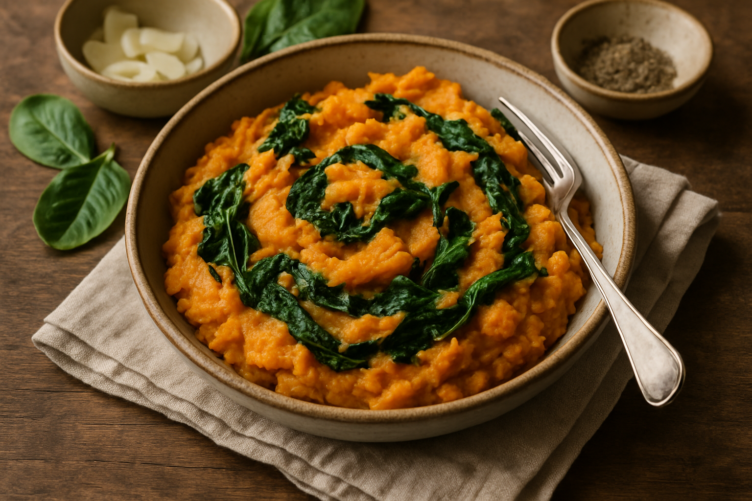 Mashed Sweet Potato with Garlic and Spinach