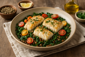 Quick Mediterranean Cod with Spinach and Lentils