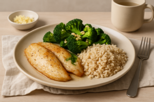 Sautéed Tilapia with Garlic-Ginger Broccoli and Brown Rice