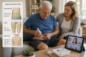 Caregiver assisting elder with dementia injecting Leqembi Iqlik